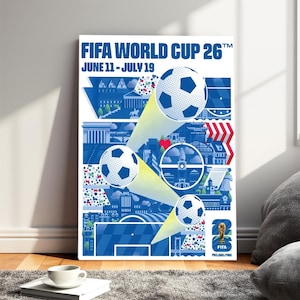 May include: A rectangular poster for the FIFA World Cup 26, featuring the text "FIFA WORLD CUP 26" and "JUNE 11 - JULY 19". The design includes three soccer balls with motion trails, blue architectural silhouettes, and the FIFA logo in blue.