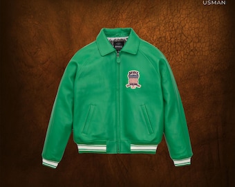 Handmade Men's Avirex Cowhide Genuine Leather Avirex Bomber Real Leather Jacket Green Avirex Leather Jacket gift for him