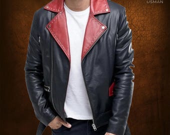 Handmade Red & Black Leather Biker Jacket: Quilted Sheepskin Fashion Leather jacket