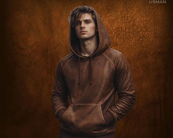 Men's Distressed Leather Pullover Hoodie, Vintage Streetwear Jacket gift for him genuine leather jacket