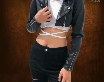Smart Range Leather Women's Real Lambskin Leather Cropped Biker Jacket - Black