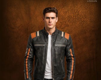 Men’s Retro Café Racer Vintage Distressed Biker Motorcycle Black Leather Jacket gift for him