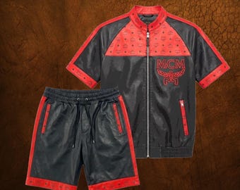 Benutzerdefinierte MCM Echtleder Jacke & Short Set Schwarz Rot Monogramm Trainingsanzug Luxus Designer Streetwear