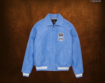 Avirex Sky Blue Cowhide Bomber Jacket – Genuine Leather Flight Coat | Iconic Retro Streetwear for Men's. genuine leather jacket gift for him