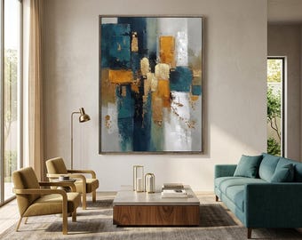 Abstrakte Ölgemälde: Strukturierte Petrol, Gold, Weiß Vertikale Leinwand Kunst #CXV079