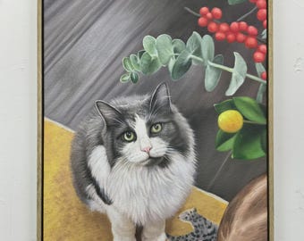 Original Hand-Painted Oil Cat Portrait: Textured Vertical Linen Canvas Art Custom Pet Painting #PET002