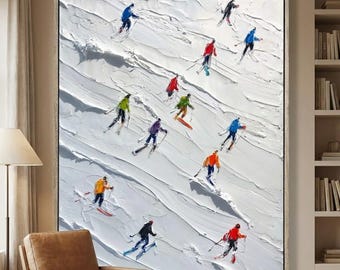 Pintura al óleo de esquiadores de impasto / Arte texturizado de deportes de invierno