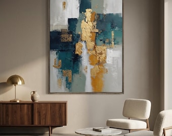 Teal Bronze Textured Mural Oil Painting, Heavy Impasto Canvas Wall Art #CXV078