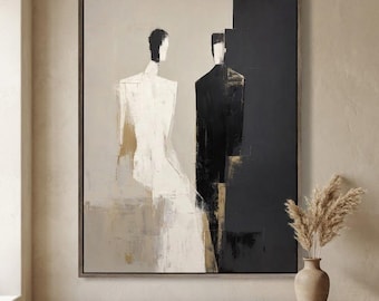 Abstract Couple Figure Oil Painting | Black, White & Gold Canvas Art