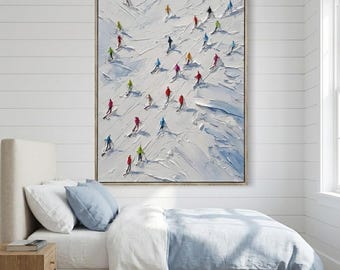 Pintura de esquí 3D Impasto / Nieve texturizada, esquiadores coloridos
