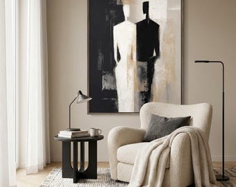 Original Abstract Couple Oil Painting | Geometric Black and White Canvas Art