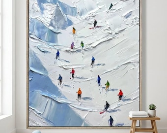 Pintura al óleo de esquiadores empastados / Decoración texturizada de deportes de montaña
