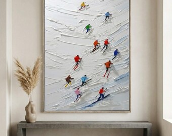 3D Impasto Skiers Oil Painting | Textured Winter Sports Canvas