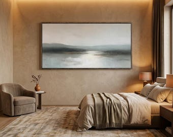 Misty Lake Oil Painting, Heavy Impasto Landscape Wall Art, Textured Canvas Home Decor #FJH026
