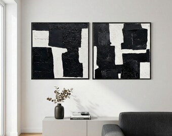 Conjunto de cuadros abstractos texturizados en blanco y negro, decoración industrial moderna.