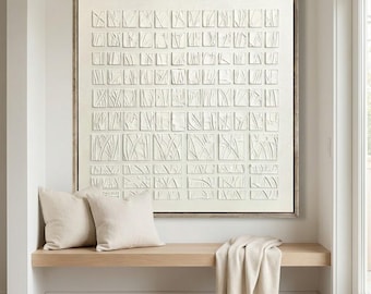 Arte mural de cuadrícula Wabi-Sabi, decoración moderna minimalista contemporánea, pintura abstracta en relieve blanco texturizado.