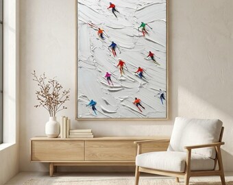 Pintura al óleo de esquiadores empastados / Nieve texturizada, arte deportivo colorido