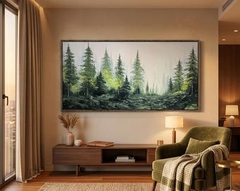 Misty Green Pine Forest Original Oil Painting, Textured Impasto Landscape Art #HHH022