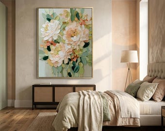Abstract Floral Oil Painting, Textured Vertical Wall Art, Neutral Palette Home Decor #HHV017