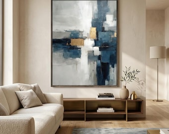 Abstract Oil Painting: Textured Blue, Gold, White Vertical Canvas Art #CXV077