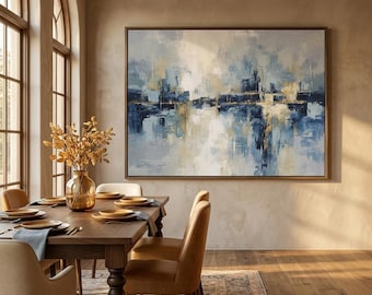 Hand Painted Impasto Blue Cityscape Abstract Art, Textured Oil Painting Home Decor #CXH070