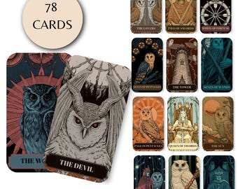 Owl Tarot Deck - 78 Illustrated Cards, Vintage Mystical Style (Digital Download)