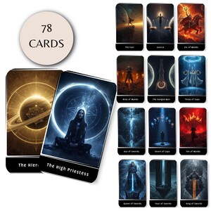 May include: A deck of 78 tarot cards featuring fantasy art. The cards include images of The High Priestess, The Hierophant, and other cards with titles like The Fool, Justice, and Six of Wands. The deck is in a box that says "78 CARDS".