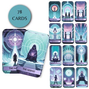 May include: A deck of 78 tarot cards with teal and purple illustrations. The cards feature images of figures, symbols, and text such as "The Hermit" and "The Sun." A teal circle with the text "78 CARDS" is in the upper left.