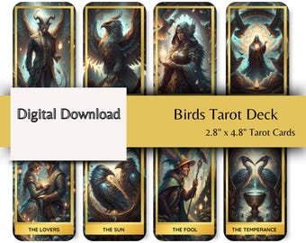 Baraja de Tarot de Aves – Fantasía Mítica Aviar, 78 cartas imprimibles (Descarga digital)