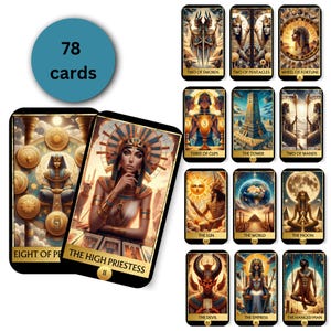 May include: A deck of 78 tarot cards with an Egyptian theme. The cards feature detailed illustrations of figures and symbols, including "The High Priestess" and "The Devil." The deck includes cards with the text "Two of Swords," "Wheel of Fortune," and "The Tower."