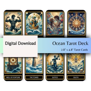 Puede incluir: Una baraja de tarot oceánico con ocho cartas ilustradas con bordes dorados. Las cartas representan varias figuras y escenas, incluyendo un hombre musculoso, una figura en un barco y un esqueleto. El texto "Digital Download" y "Ocean Tarot Deck" también es visible.