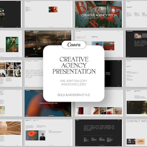 Puede incluir: Una plantilla de presentación digital para agencia creativa con una tarjeta central blanca con el texto Canva, Creative Agency Presentation, Pre-written copy, Images included y Bold & Modern Style, rodeada de varios diseños de diapositivas.