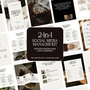 Op de afbeelding: Een social media manager kit met een service- en prijsgids en een klantovereenkomst. De documenten hebben een neutraal kleurenschema met zwarte tekst op een crèmekleurige achtergrond. De kit bevat voorgeschreven tekst en afbeeldingen. De tekst bevat de zin "2-in-1 Social Media Manager Kit".