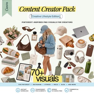Pinterest Aesthetic Content Creator Pack, Canva PNG Elements and Creator Girls, Social Media Templates for Instagram, Reels, TikTok