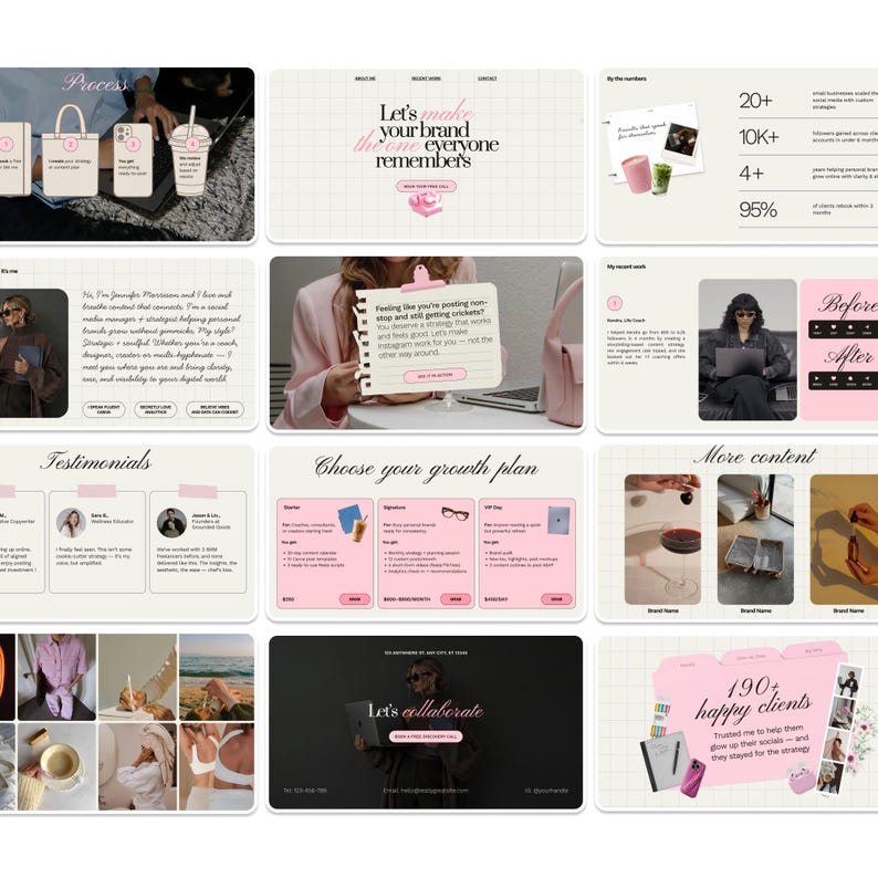 K&ouml;nnte beinhalten: Eine digitale Marketingpr&auml;sentation mit einem rosa und wei&szlig;en Farbschema. Die Pr&auml;sentation enth&auml;lt Text, Grafiken und Bilder, darunter eine Handyh&uuml;lle, eine Tragetasche und ein Getr&auml;nk. Der Text enth&auml;lt den Satz "Let's make your brand the one everyone remembers."