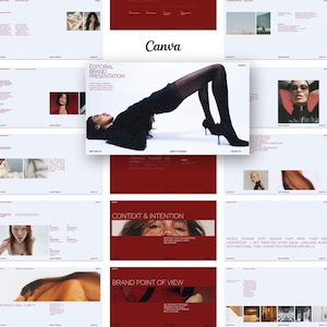 May include: A digital brand presentation template featuring multiple slides with a dark red and white color scheme. The central slide displays a person in black clothing and tights posing on a white background with the text Editorial Brand Presentation.