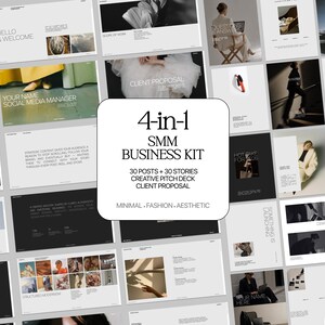 May include: A digital marketing business kit with a minimalist design. The kit includes templates for social media posts, stories, a creative pitch deck, and a client proposal. The text on the kit reads "4-in-1 SMM BUSINESS KIT".