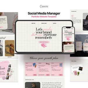 Puede incluir: Plantilla de sitio web de cartera de marketing digital que se muestra en una computadora portátil y un teléfono inteligente. El diseño presenta una combinación de colores rosa y blanco con el texto "Let's make your brand the one everyone remembers."
