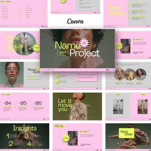 Peut inclure: Un modèle de présentation numérique avec un schéma de couleurs rose clair et gris agrémenté d'accents vert citron. La mise en page comprend diverses diapositives avec des titres comme Name of Project, Next Steps et Insights, et des photos.