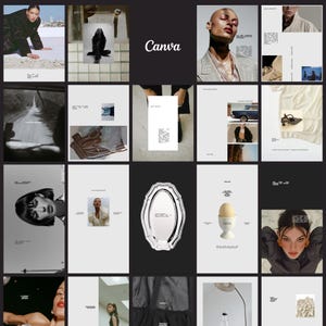 May include: A collage of twenty distinct panels featuring various fashion photography, lifestyle imagery, and graphic design elements, including a central silver oval tray, a single egg in a cup, and text overlays throughout the grid layout.