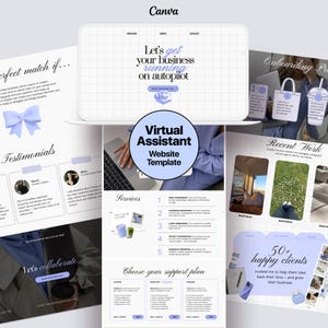 Könnte beinhalten: Eine digitale Marketing-Website-Vorlage mit einem klaren, modernen Design. Das Design zeigt einen Laptop, Testimonials und Servicebeschreibungen. Der Text enthält "Let's get your business running on autopilot" und "Virtual Assistant Website Template."