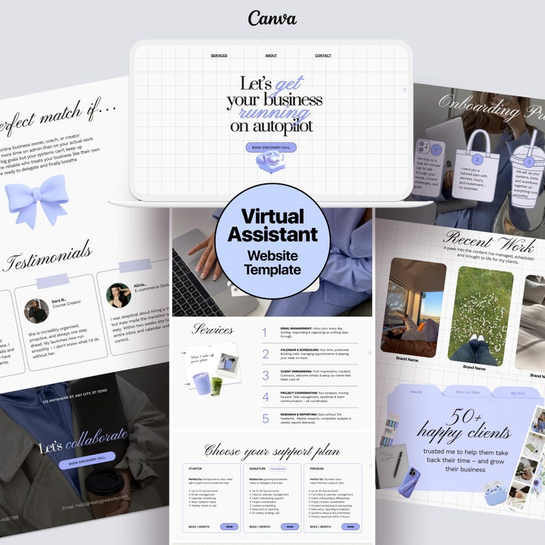 Virtual assistant website template Canva — Pinterest aesthetic lavender design with hero screen, services, testimonials and pricing sections shown on laptop and tablet mockup