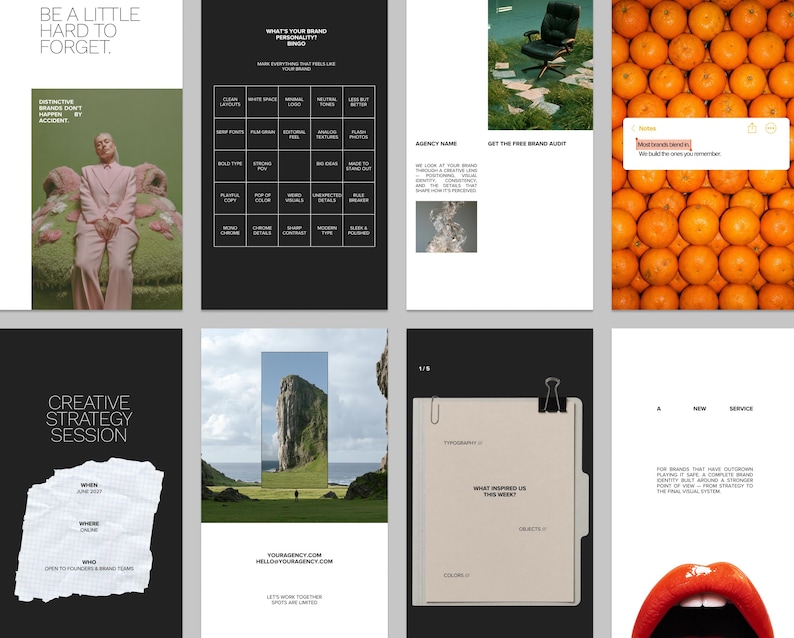 Editable Canva agency templates showing customizable typography, imagery, colors and editorial layouts for creative businesses.
