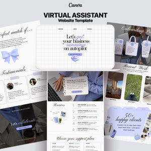 Op de afbeelding: Een Canva Virtual Assistant website template met een lichtblauw en wit kleurenschema. Het ontwerp bevat secties voor diensten, getuigenissen en onboarding van klanten. Tekst bevat "Let's get your business running on autopilot."