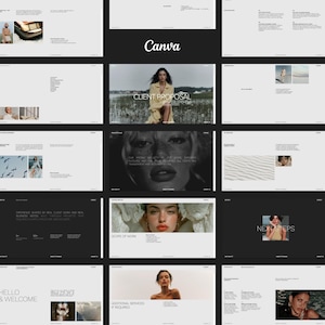 May include: A digital Canva client proposal template featuring a series of slides with a minimalist layout, black and white color scheme, and various photographic elements including portraits, landscapes, and text sections detailing project scope.