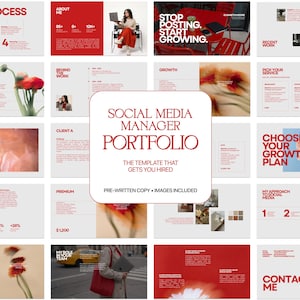 Peut inclure: Un modèle de portfolio de gestionnaire de médias sociaux avec un schéma de couleurs rouge et blanc. Le titre est "Social Media Manager Portfolio" avec le slogan "The Template That Gets You Hired." Le modèle comprend du texte et des images pré-écrits.