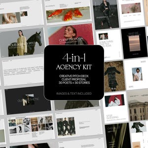 May include: A series of digital presentation slides, with a central black square displaying "4-in-1 AGENCY KIT" and content details. The slides have a minimalist design, incorporating images and text, suitable for marketing.