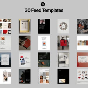 Editorial Instagram templates featuring agency content, branding tips, typography, creative direction, services and behind-the-scenes posts.