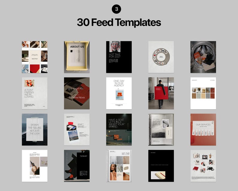 Editorial Instagram templates featuring agency content, branding tips, typography, creative direction, services and behind-the-scenes posts.