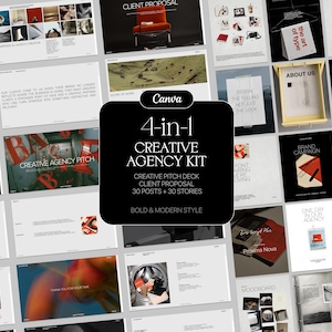 以下が含まれることがあります： 「4-in-1 Creative Agency Kit」と題されたデジタルテンプレートコレクション。中央に黒いオーバーレイと白いテキストが配置されています。背景には、ピッチデッキ、クライアントへの提案書、ソーシャルメディア投稿など、さまざまなドキュメントレイアウトのグリッドが表示されています。